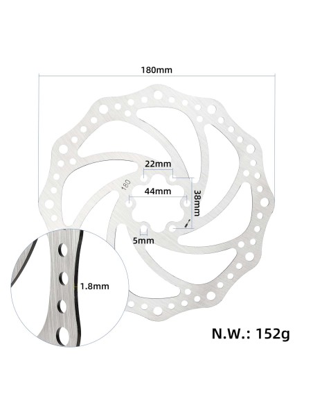 DISCO DE FRENO 180MM DE ACERO INOXIDABLE (6 AGUJEROS) PARA PATINETE ELÉCTRICO Y BICICLETA MTB / CARRETERA