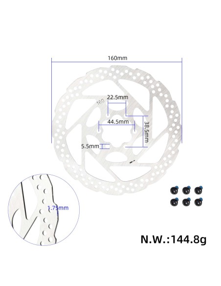 DISCO DE FRENO 160MM DE ACERO INOXIDABLE PARA PATINETE ELÉCTRICO KUKIRIN G2 G4 (6 AGUJEROS)